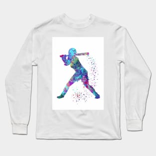 Baseball Batter Girl Colorful Watercolor Silhouette Long Sleeve T-Shirt